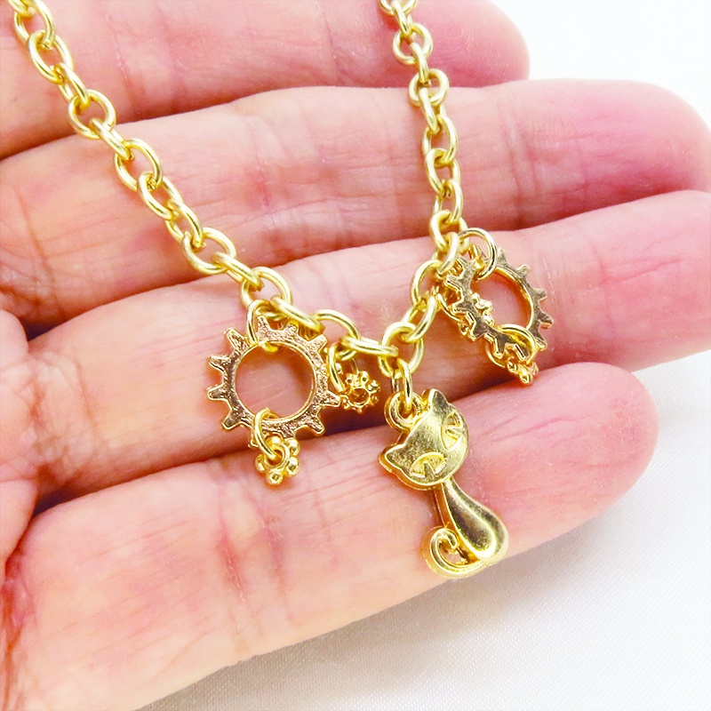 マットゴールド 猫と歯車を組み合わせたスチームパンク風ブレスレット