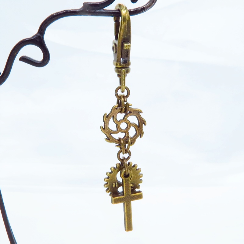 アンティークゴールド ロザリオ(十字架)と歯車を組合せたスチームパンク風キーホルダー バッグチャーム