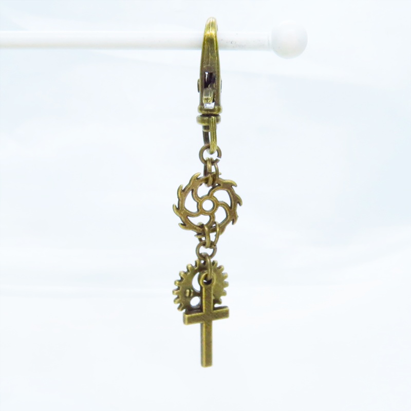 アンティークゴールド ロザリオ(十字架)と歯車を組合せたスチームパンク風キーホルダー バッグチャーム