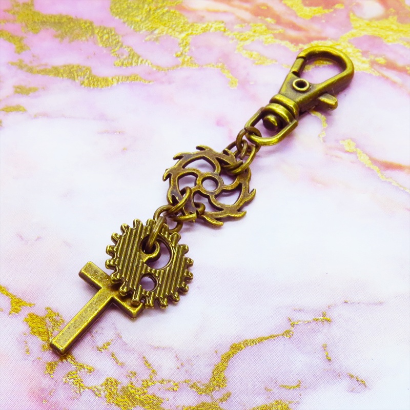 アンティークゴールド ロザリオ(十字架)と歯車を組合せたスチームパンク風キーホルダー バッグチャーム