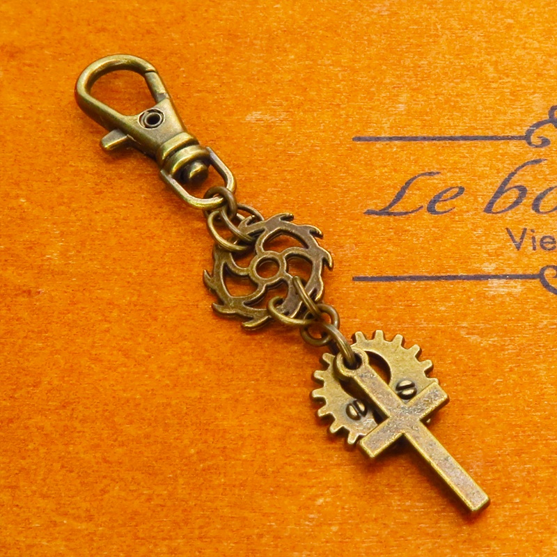 アンティークゴールド ロザリオ(十字架)と歯車を組合せたスチームパンク風キーホルダー バッグチャーム