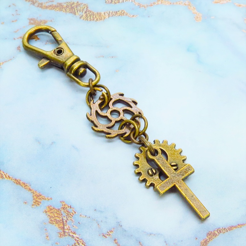 アンティークゴールド ロザリオ(十字架)と歯車を組合せたスチームパンク風キーホルダー バッグチャーム