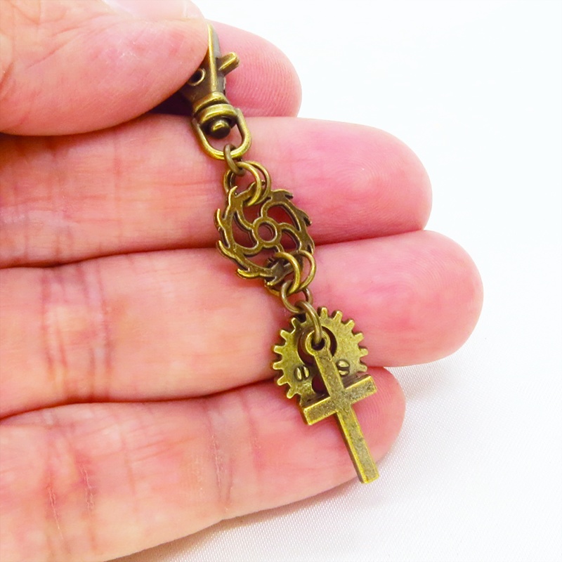 アンティークゴールド ロザリオ(十字架)と歯車を組合せたスチームパンク風キーホルダー バッグチャーム