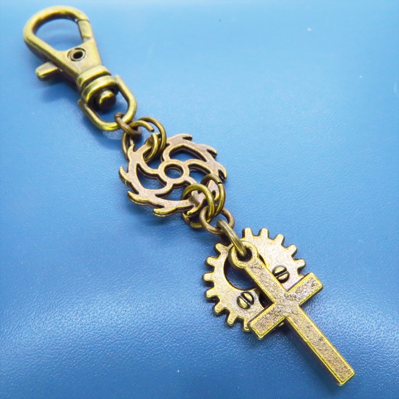 アンティークゴールド ロザリオ(十字架)と歯車を組合せたスチームパンク風キーホルダー バッグチャーム