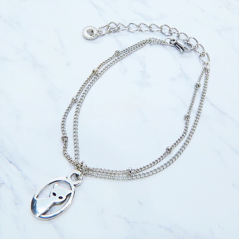シルバーカラー 猫モチーフの繊細なダブルチェーンブレスレット アジャスター 長さ調整可