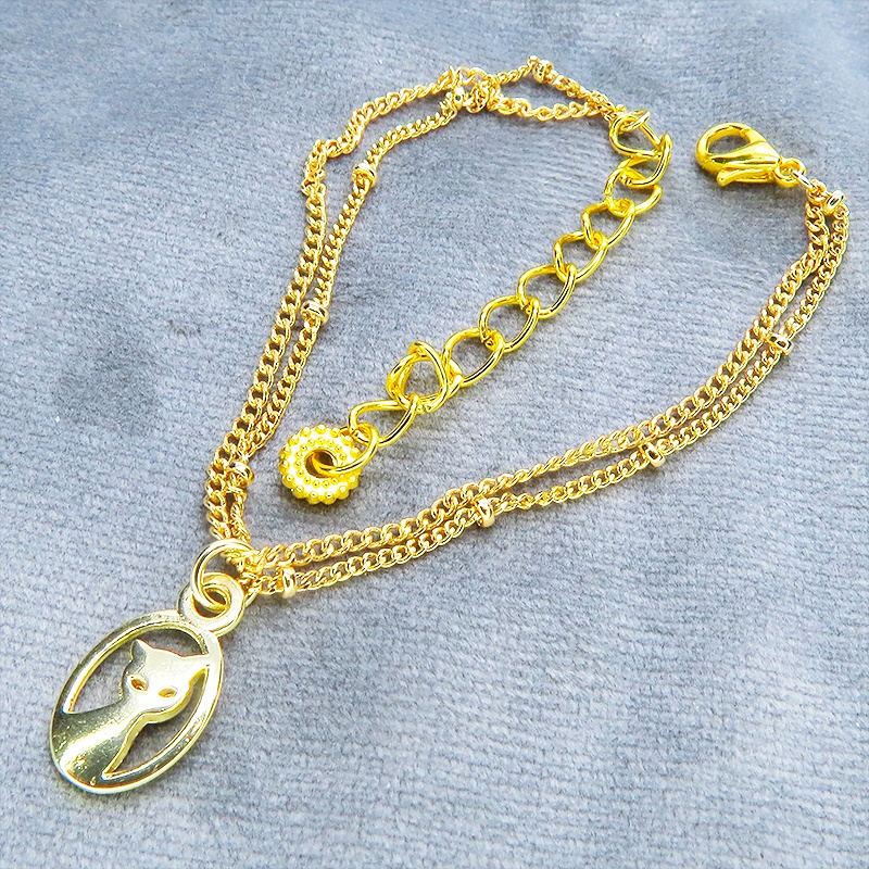 ゴールドカラー 猫モチーフの繊細なダブルチェーンブレスレット アジャスター 長さ調整可