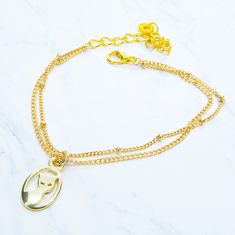 ゴールドカラー 猫モチーフの繊細なダブルチェーンブレスレット アジャスター 長さ調整可