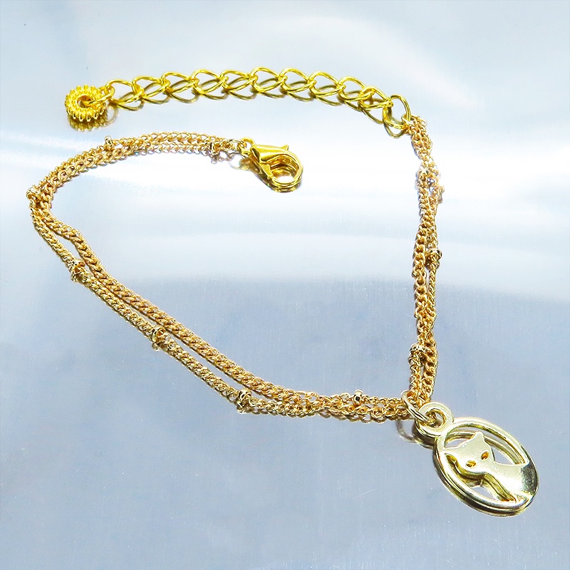 ゴールドカラー 猫モチーフの繊細なダブルチェーンブレスレット アジャスター 長さ調整可