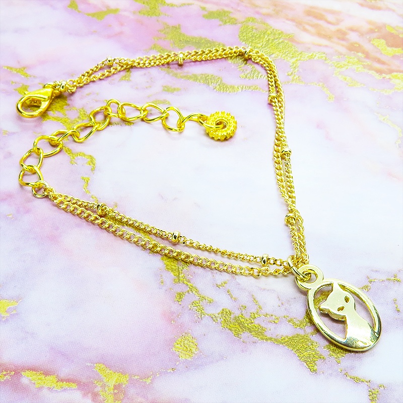 ゴールドカラー 猫モチーフの繊細なダブルチェーンブレスレット アジャスター 長さ調整可