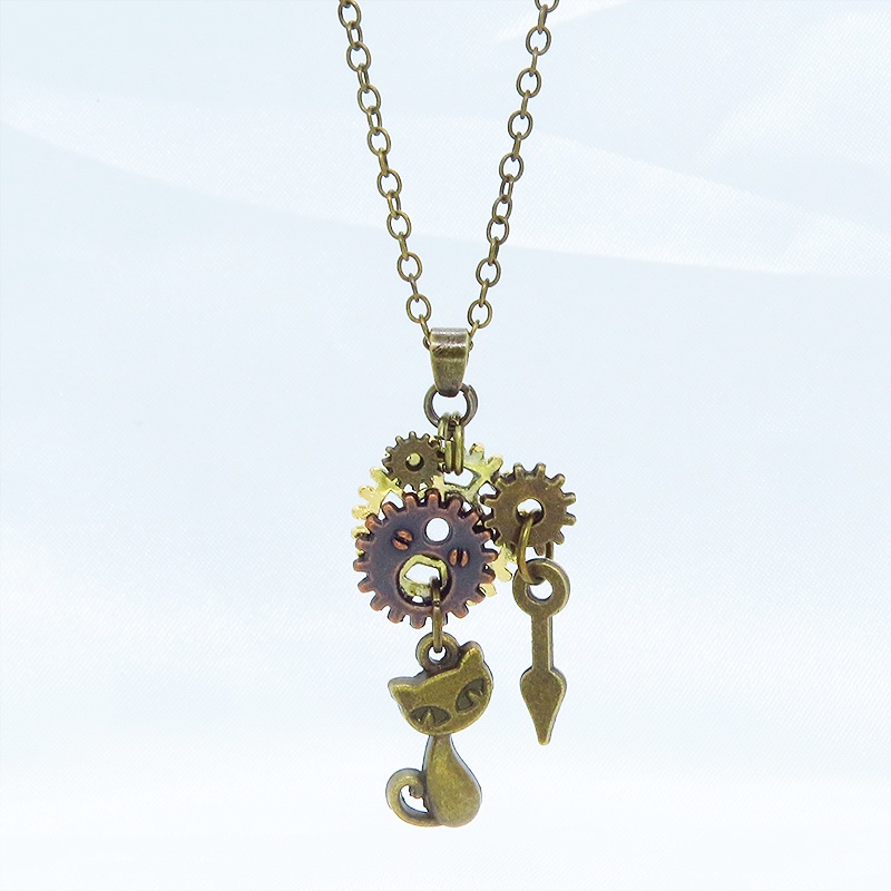 アンティークゴールド スチームパンク風 猫と歯車のコンパクトなペンダントネックレス 長さ調整可 アジャスター可