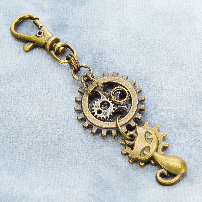 アンティークゴールド 猫と歯車を組合せたスチームパンク風キーホルダー バッグチャーム ファスナーチャーム