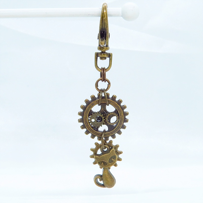 アンティークゴールド 猫と歯車を組合せたスチームパンク風キーホルダー バッグチャーム ファスナーチャーム