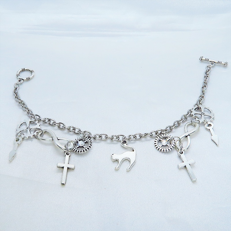 アンティークシルバー 跳ね猫と歯車を組合せたスチームパンク風ブレスレット ラインストーン