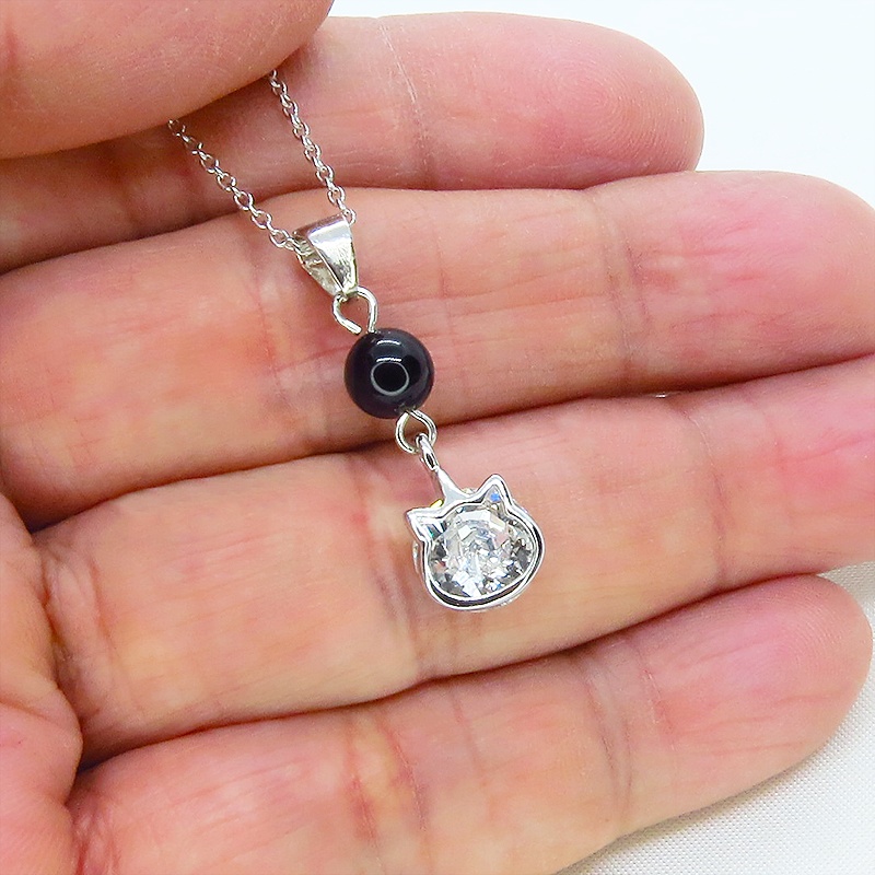 シルバー925 かわいい猫フレームのスワロフスキー(9色選択)とオニキスの大人可愛いネックレス