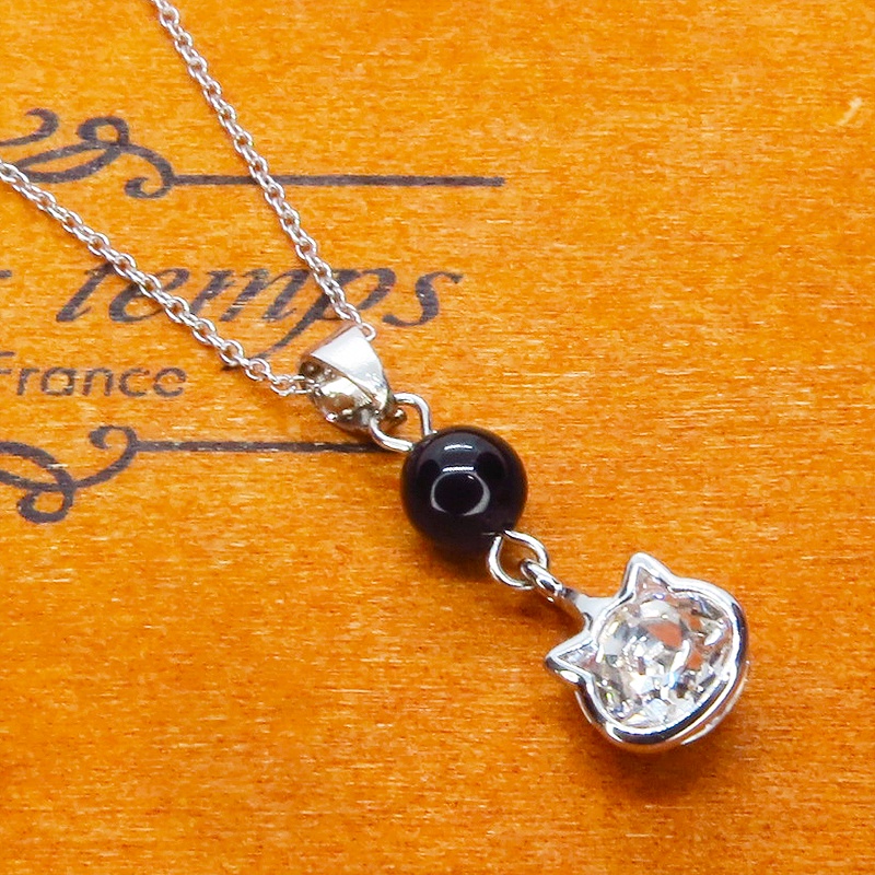 シルバー925 かわいい猫フレームのスワロフスキー(9色選択)とオニキスの大人可愛いネックレス