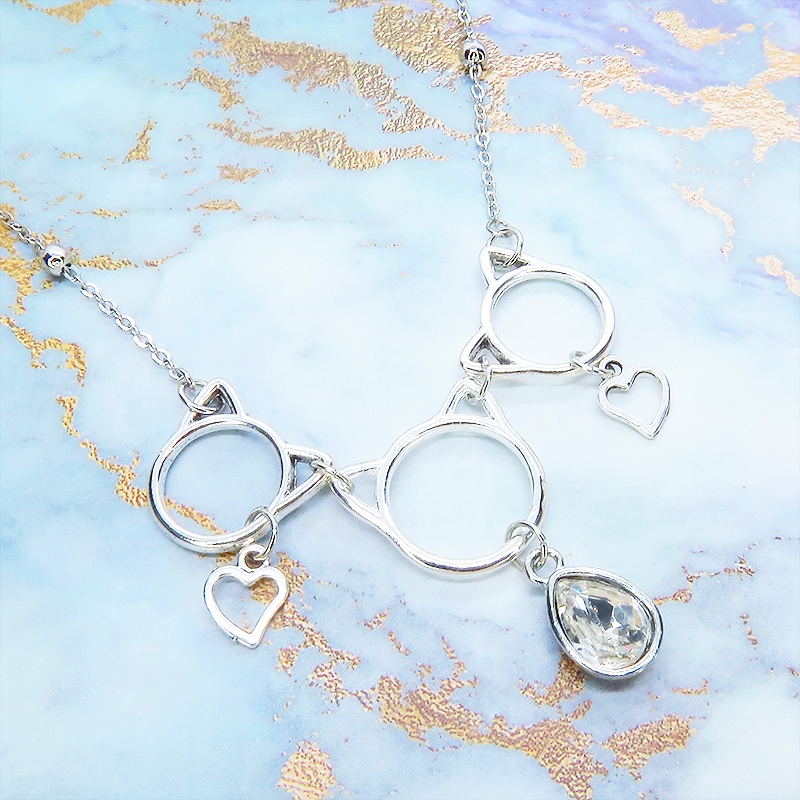 アンティークシルバー 猫フレームとガラスクリスタルを組合せたネックレス ビーズ付チェーン 長さ調整可 アジャスター可