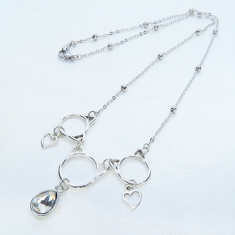 アンティークシルバー 猫フレームとガラスクリスタルを組合せたネックレス ビーズ付チェーン 長さ調整可 アジャスター可