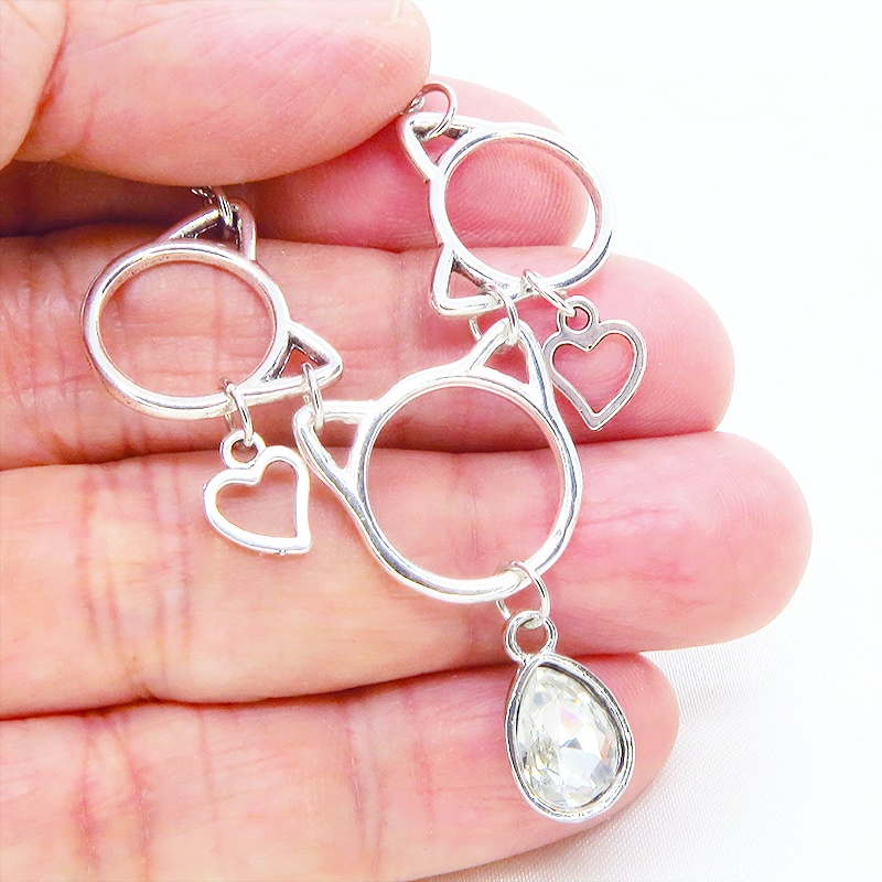 アンティークシルバー 猫フレームとガラスクリスタルを組合せたネックレス ビーズ付チェーン 長さ調整可 アジャスター可