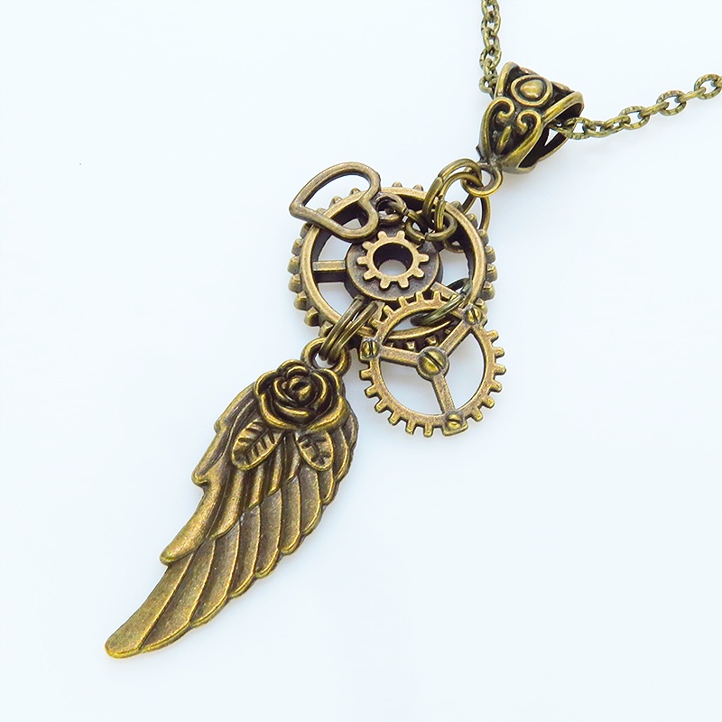 アンティークゴールド 翼と歯車を組合せたスチームパンク風ネックレス オープンハート 長さ調整可 アジャスター追加可