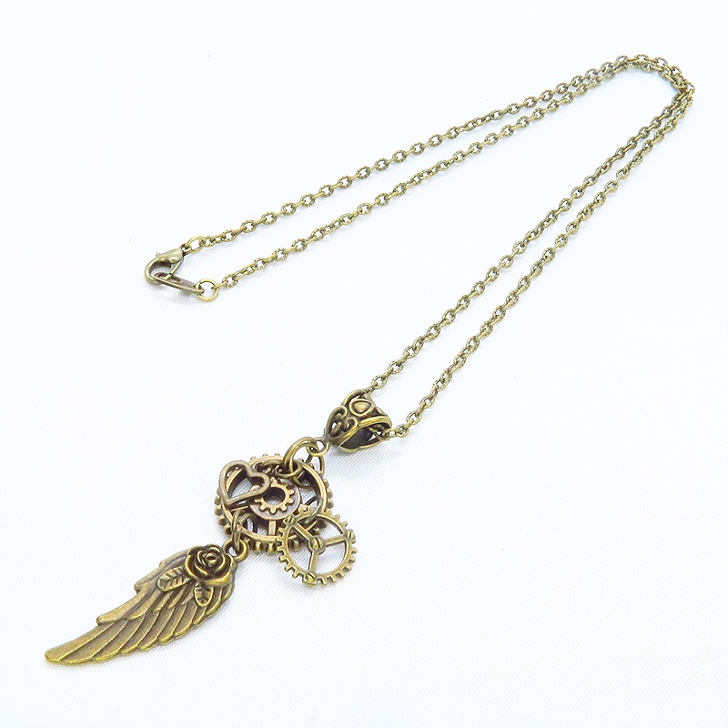 アンティークゴールド 翼と歯車を組合せたスチームパンク風ネックレス オープンハート 長さ調整可 アジャスター追加可