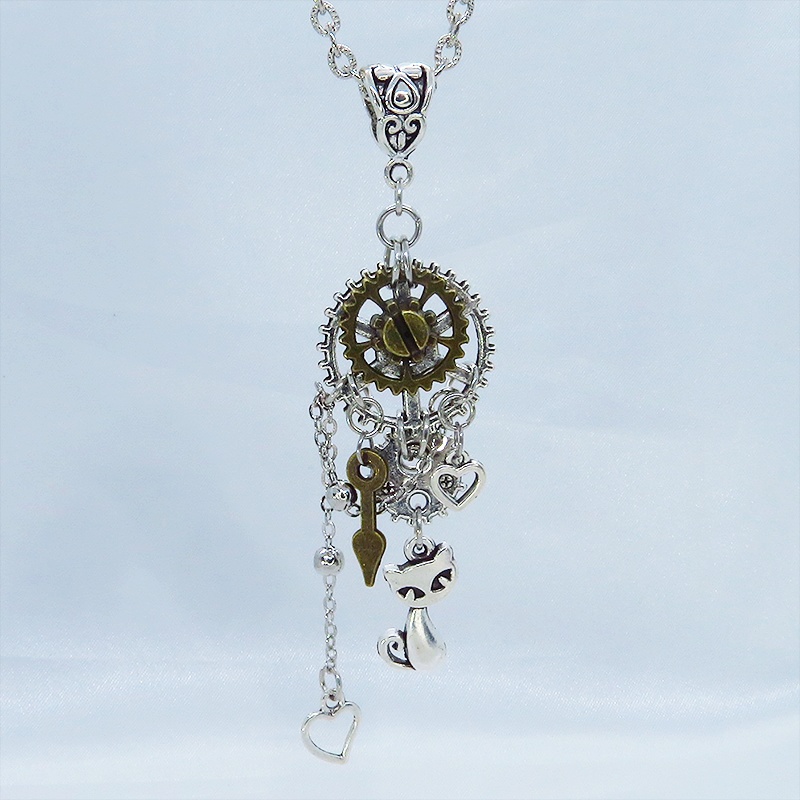 アンティークシルバー スチームパンク風 猫と歯車のペンダントネックレス チェーン付 長さ調整可 アジャスター可