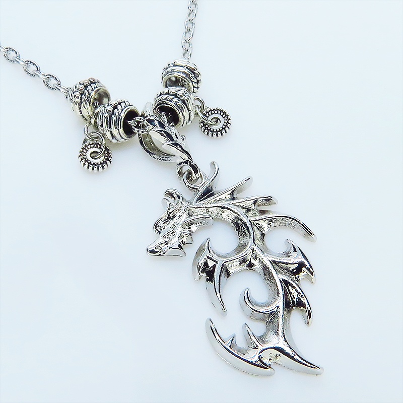 シルバードラゴンのネックレス 銀龍 シルバー925メッキ加工 メタルビーズ 模様付チェーン アジャスター付属