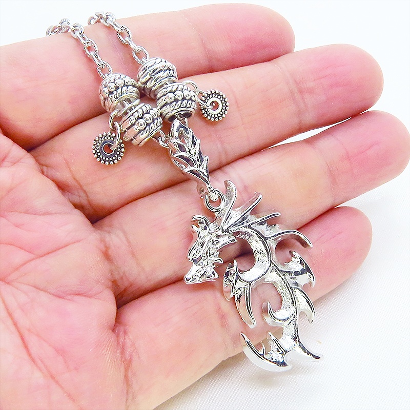 シルバードラゴンのネックレス 銀龍 シルバー925メッキ加工 メタルビーズ 模様付チェーン アジャスター付属