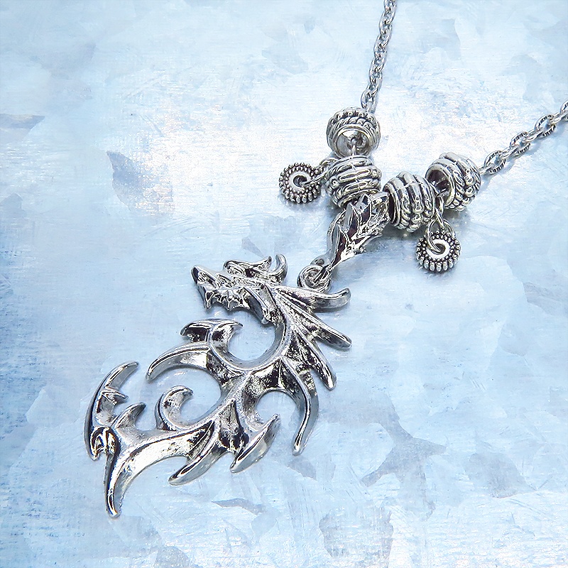 シルバードラゴンのネックレス 銀龍 シルバー925メッキ加工 メタルビーズ 模様付チェーン アジャスター付属