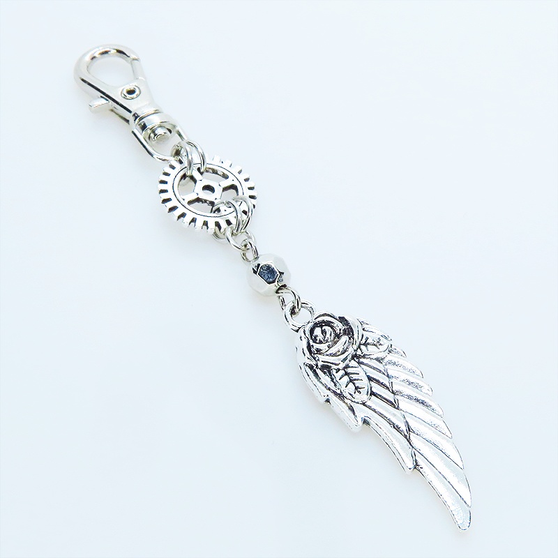 アンティークシルバー 翼と歯車を組合せたスチームパンク風チャーム キーホルダー バッグチャーム