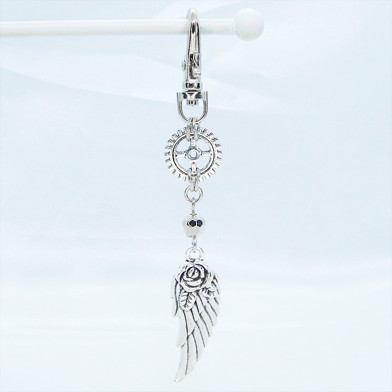 アンティークシルバー 翼と歯車を組合せたスチームパンク風チャーム キーホルダー バッグチャーム