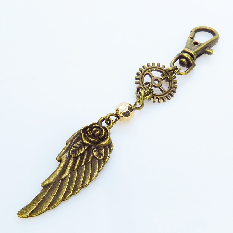 アンティークゴールド 翼と歯車を組合せたスチームパンク風チャーム キーホルダー バッグチャーム