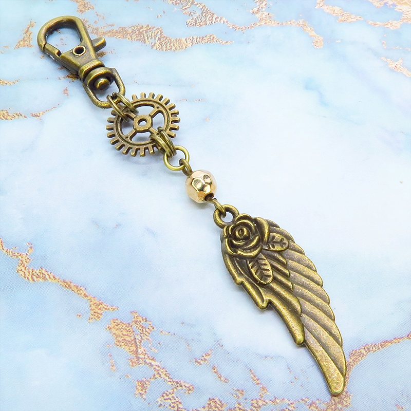 アンティークゴールド 翼と歯車を組合せたスチームパンク風チャーム キーホルダー バッグチャーム