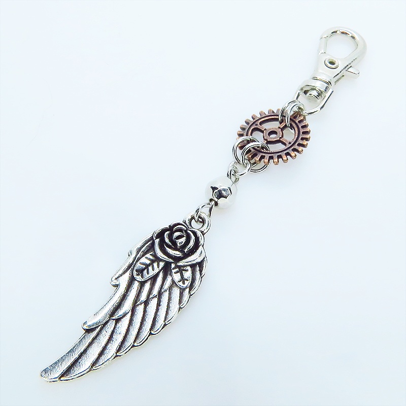 アンティークシルバー 翼と歯車を組合せたスチームパンク風チャーム キーホルダー バッグチャーム