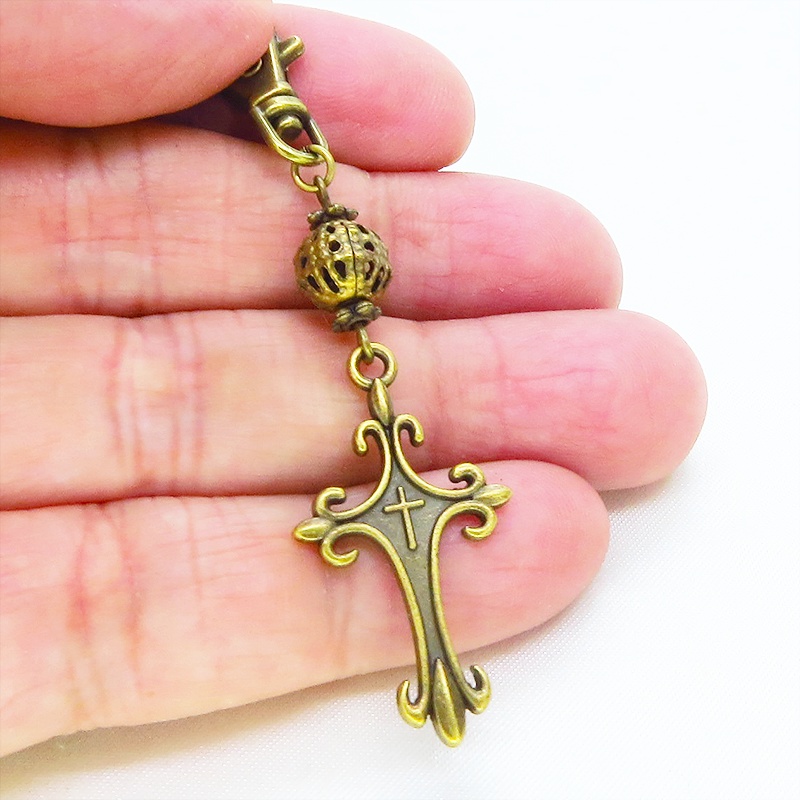 アンティークゴールド ゴシック調ロザリオとメタルビーズを組合せたキーホルダー バッグチャーム 金具変更可