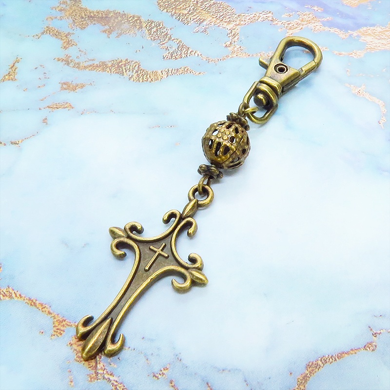アンティークゴールド ゴシック調ロザリオとメタルビーズを組合せたキーホルダー バッグチャーム 金具変更可