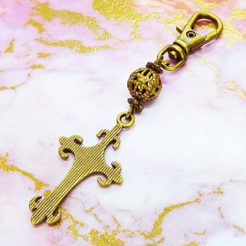 アンティークゴールド ゴシック調ロザリオとメタルビーズを組合せたキーホルダー バッグチャーム 金具変更可