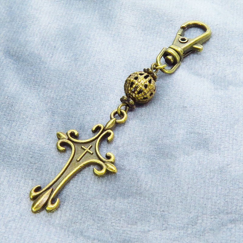 アンティークゴールド ゴシック調ロザリオとメタルビーズを組合せたキーホルダー バッグチャーム 金具変更可