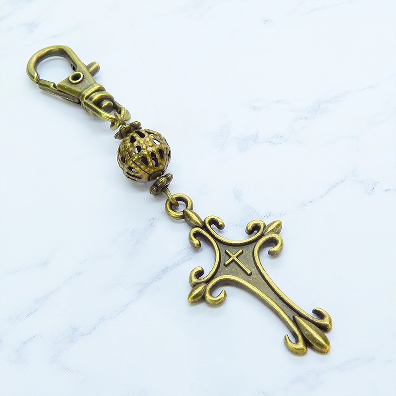 アンティークゴールド ゴシック調ロザリオとメタルビーズを組合せたキーホルダー バッグチャーム 金具変更可