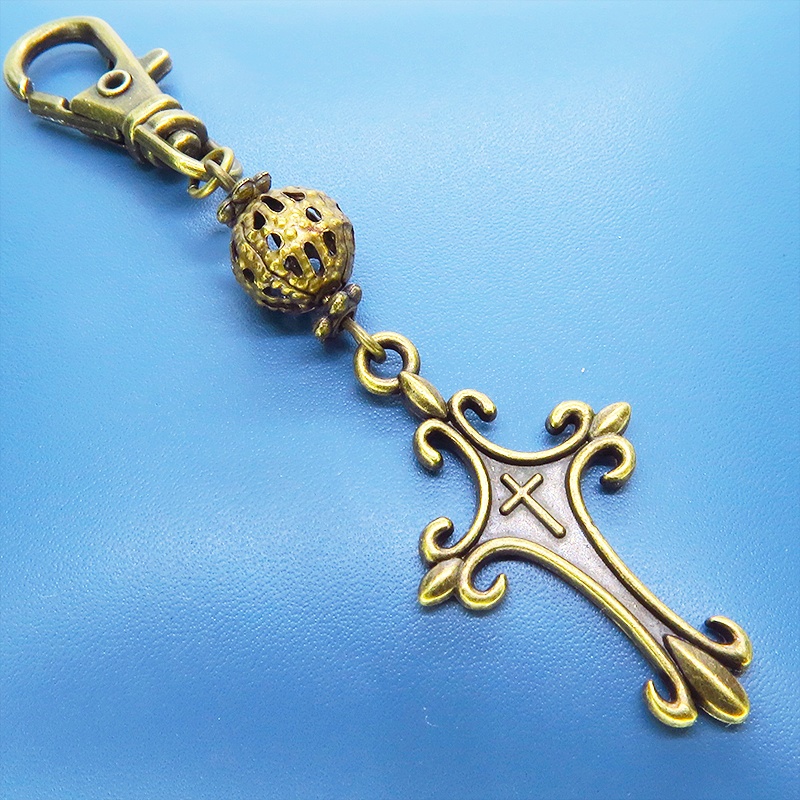 アンティークゴールド ゴシック調ロザリオとメタルビーズを組合せたキーホルダー バッグチャーム 金具変更可