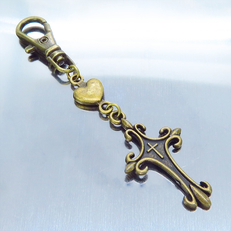 アンティークゴールド ロザリオ(十字架)とハートを組合せたキーホルダー バッグチャーム 金具変更可