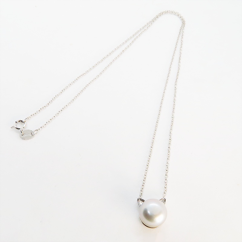 シルバー925 シンプルにさり気なく大人可愛いシルバーグレー猫耳ネックレスとピアスセット 淡水パール アジャスター追加可