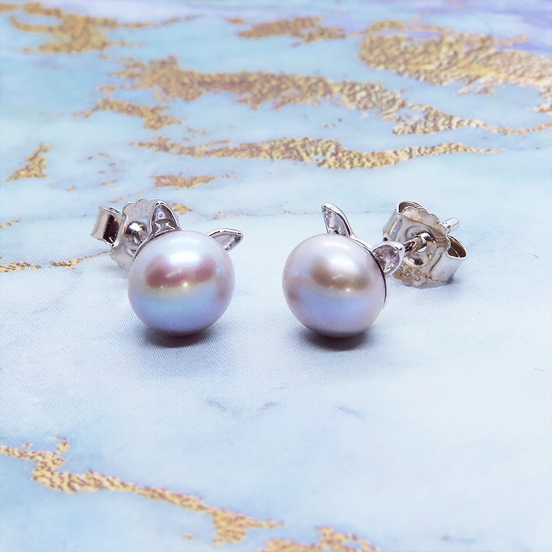 シルバー925 シンプルにさり気なく大人可愛いシルバーグレー猫耳ネックレスとピアスセット 淡水パール アジャスター追加可