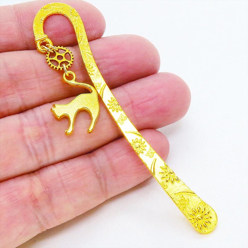 ゴールドカラー 跳ね猫と小さな歯車を組合せた大人可愛いブックマーカー 栞 しおり 花柄模様