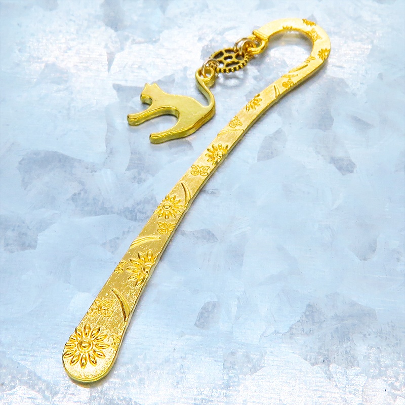 ゴールドカラー 跳ね猫と小さな歯車を組合せた大人可愛いブックマーカー 栞 しおり 花柄模様