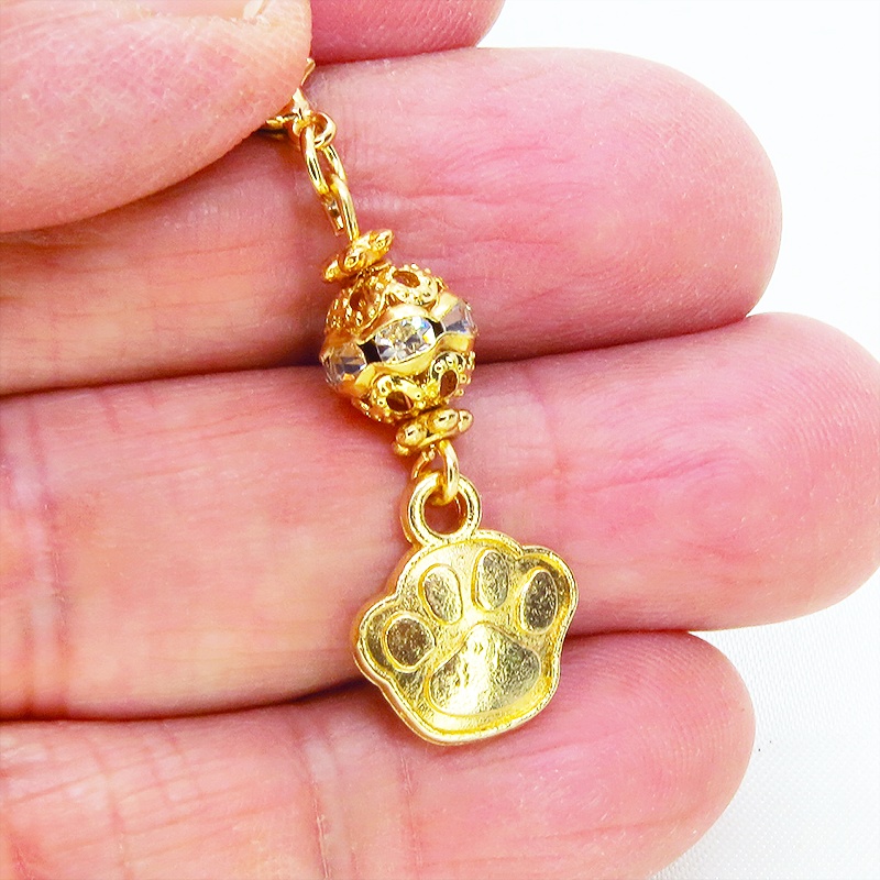 スマホ・マスクチャーム マットゴールド 肉球とメタルビーズのチャーム 猫 犬 金具変更可 ジャックピン追加可能