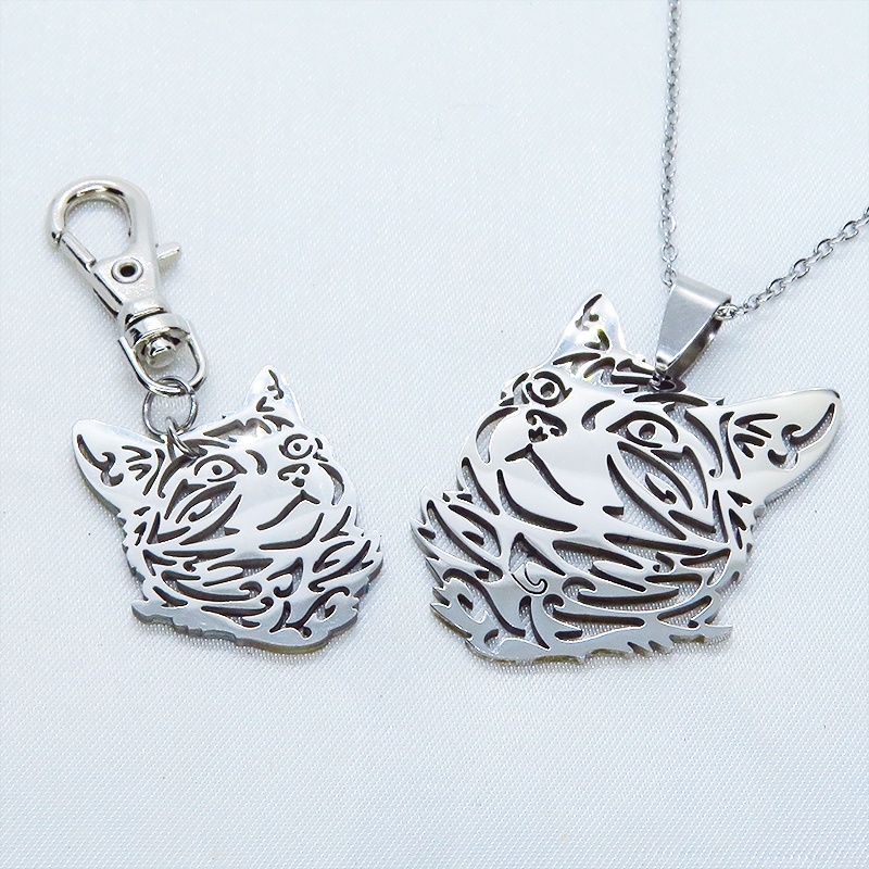 【再販×4】シルバーカラー リアルな猫フェイスモチーフのキーホルダー ダイカット ステンレス メンズ レディース 金具変更可