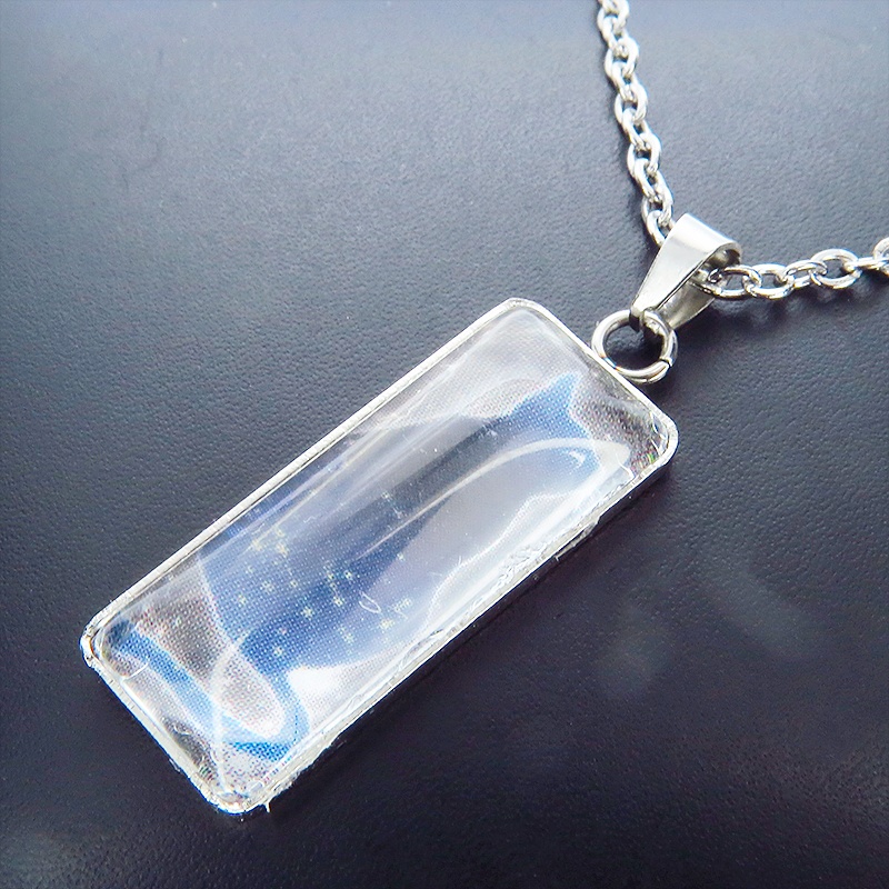 星を見上げる猫 ステンレス製タグプレート型ガラスカボションペンダント・ネックレス 長さ変更可 アジャスター可