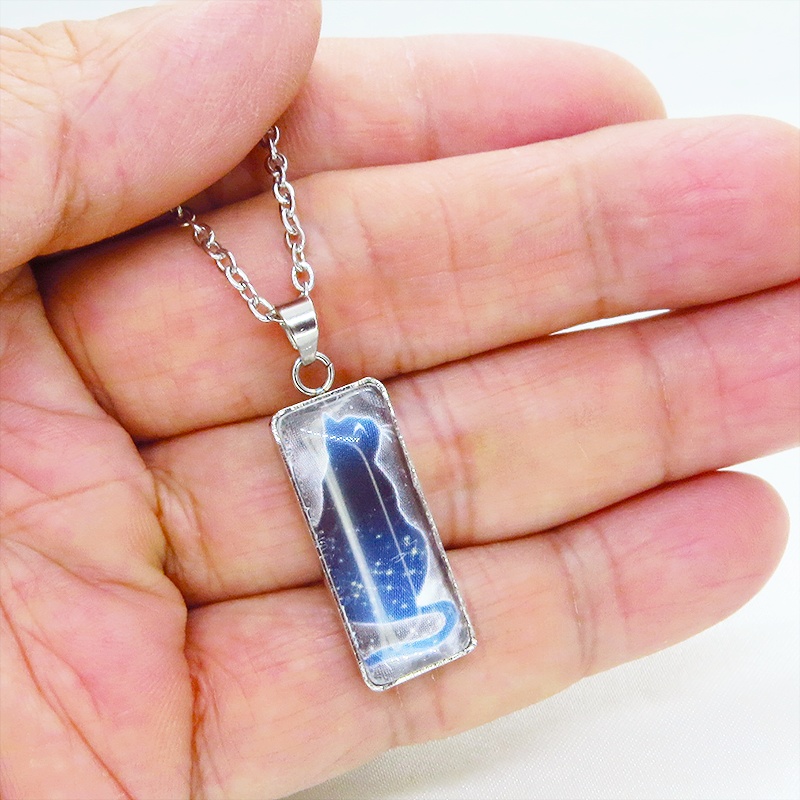 星を見上げる猫 ステンレス製タグプレート型ガラスカボションペンダント・ネックレス 長さ変更可 アジャスター可