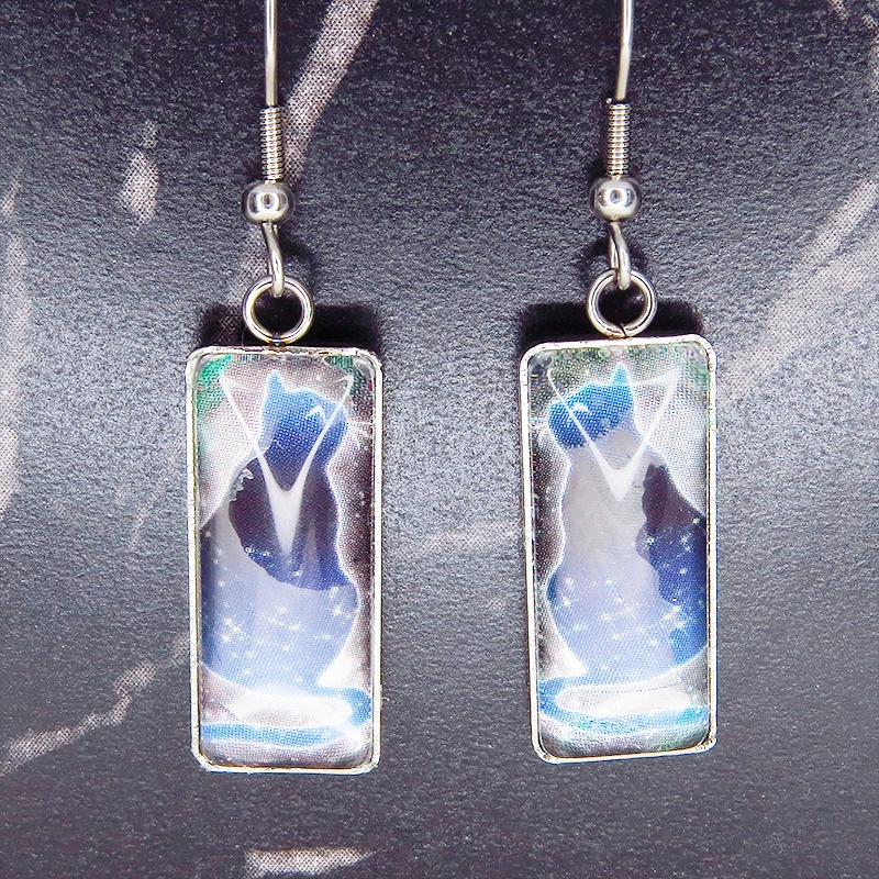 星を見上げる猫 ステンレス製タグプレート型ガラスカボションピアス シルバーカラー サージカル可