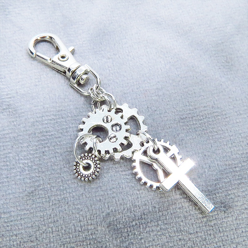 アンティークシルバー スチームパンク風 ロザリオと歯車を組合せたキーホルダー バッグチャーム ファスナーチャーム 金具変更可